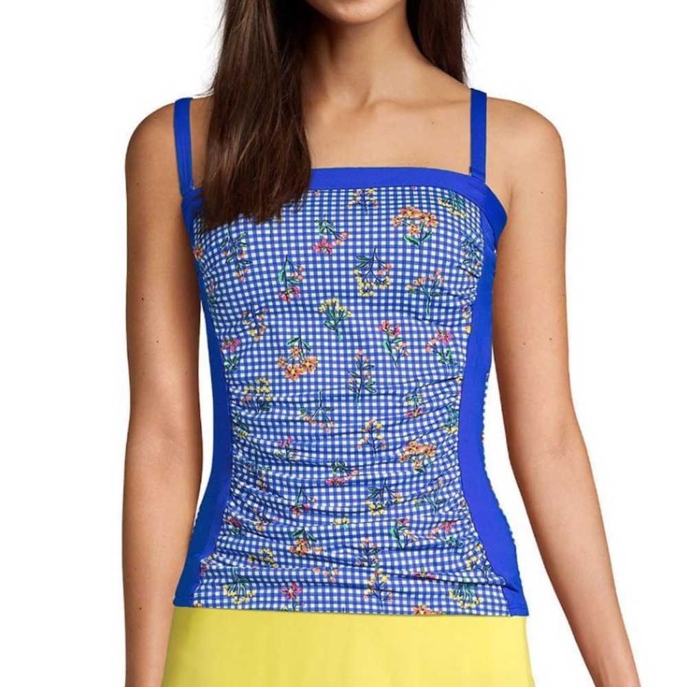 Lands End Tankini Top Swim Swimsuit Floral Botanical Check Checkered 14 New